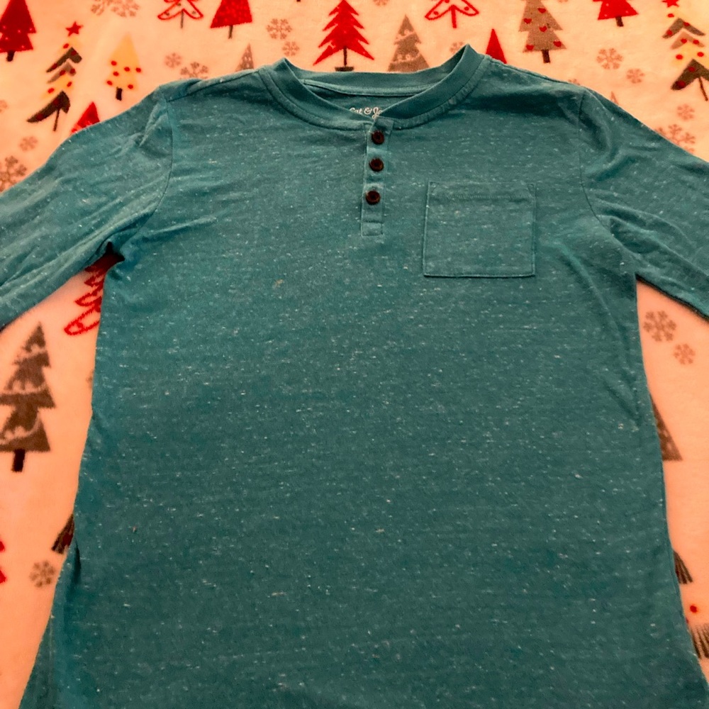 Cat and Jack boys cotton teal long sleeve Henley. Size 8-10